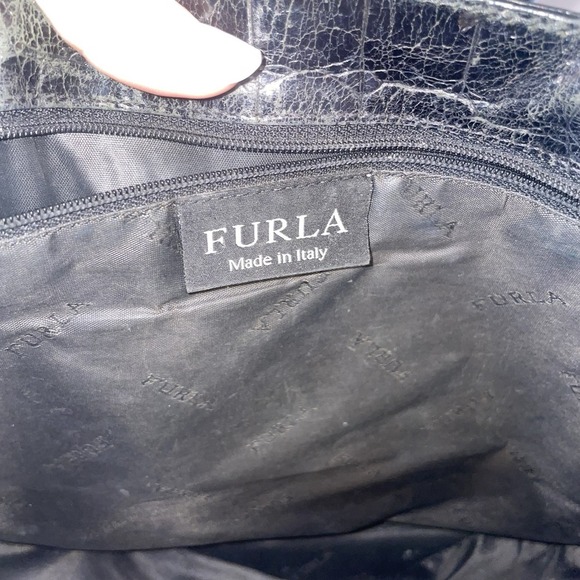 FURLA Vintage Black Tote Shoulder Bag Purse Crocodile Embossed Structured Square - Picture 6 of 13